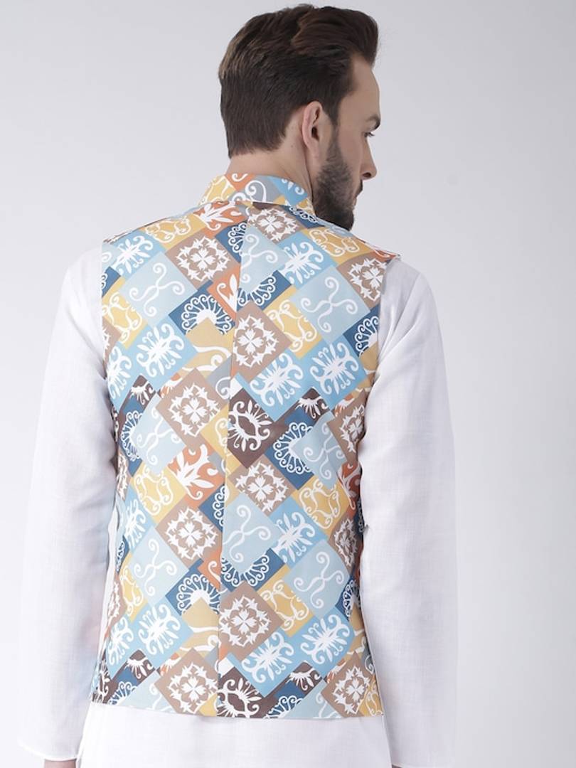 Men's Multicoloured 
Cotton Blend
 Printed Nehru Jackets